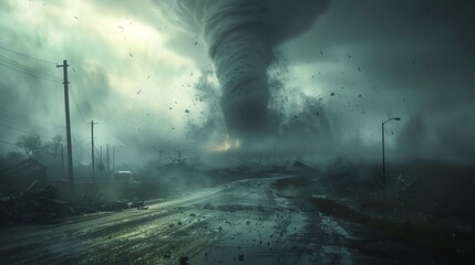 Twisters Wrath, capturing the fearsome sight of a tornado as it carves a path of destruction across the landscape, lifting debris and obliterating structures in its wake - obrazy, fototapety, plakaty