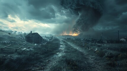 Twisters Wrath, capturing the fearsome sight of a tornado as it carves a path of destruction across the landscape, lifting debris and obliterating structures in its wake - obrazy, fototapety, plakaty