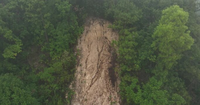 Aerial view of landslide forest mountain after typhoon