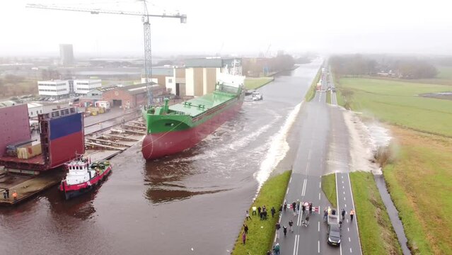 Netherlands, Westerbroek, launching of general cargo ship at Ferus Smit shipyard