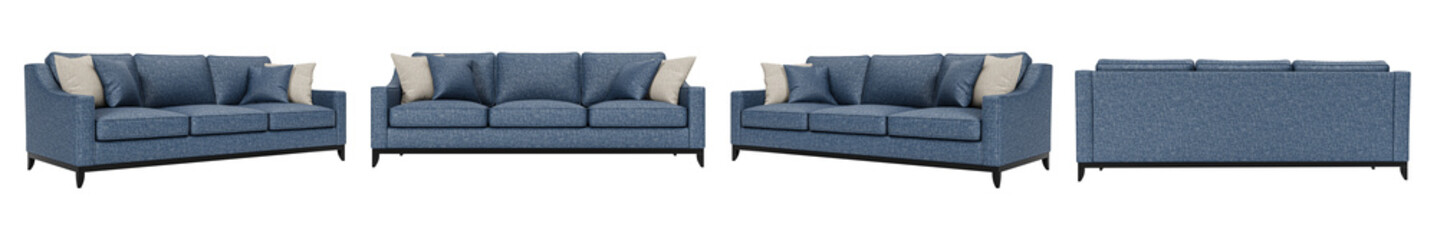 Modern and luxury blue sofa  set with cushions isolated on white background. Furniture Collection