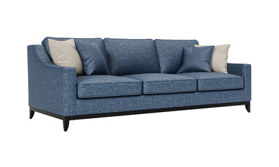 Modern and luxury blue sofa with cushions isolated on white background. Furniture Collection