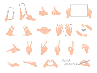 Hand gestures, set of hands in different gestures on white background isolated vector illustration - obrazy, fototapety, plakaty