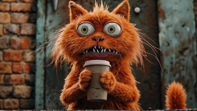 angry red cat with an open mouth with a glass of coffee in its paws.concept of aggressive behavior and social phobia