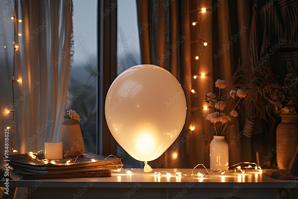 Poster a white balloon is sitting on a table in front of a window. the room is lit up with lights and there