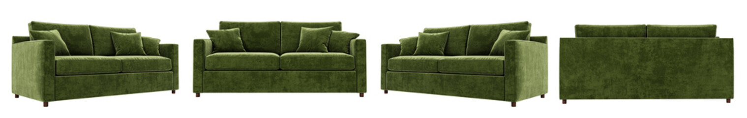 Modern and luxury green velvet sofa set isolated on white background. Furniture Collection.
