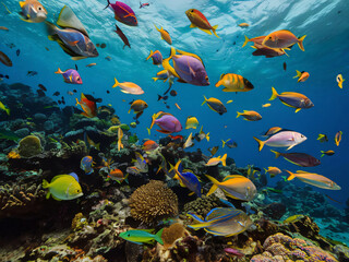 Vista del fondo marino con variedad de peces - obrazy, fototapety, plakaty