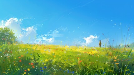 Fototapeta na wymiar Digital Painting for Landscape Background. Vibrant Spring Meadow with Flowers and Lush Green Fields.
