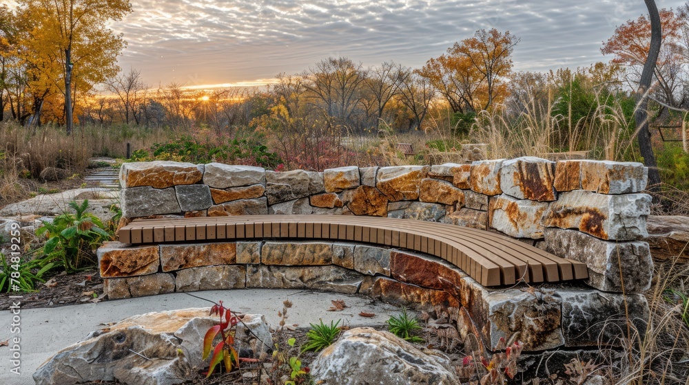 Aufkleber a stone bench with a view of the trees and the sky. the bench is surrounded by rocks and has a woode