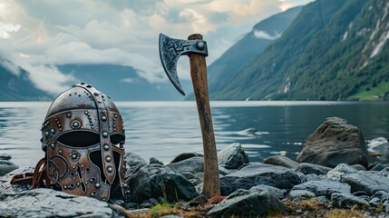 A Viking helmet rests beside an axe on the shore of a fjord in Norway, embodying the spirit of tourism and traveling, and evoking the rich history and culture of the region.
 - obrazy, fototapety, plakaty