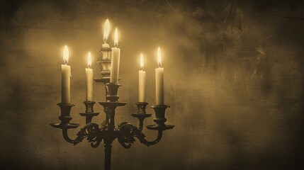 A sepia-toned photograph captures a vintage candelabrum adorned with five flickering candles,...