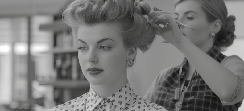 In a sleek and modern salon space a dedicated retro hair stylist puts the finishing touches on her clients beehive updo. She wears a vintageinspired blouse and highwaisted trousers .