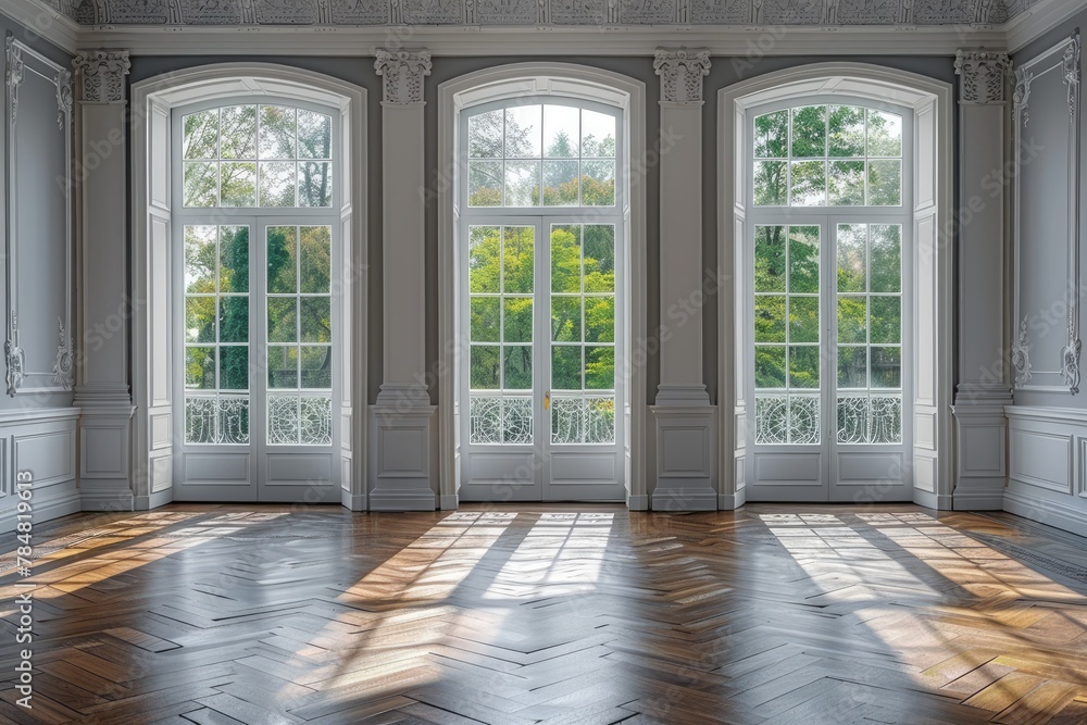 Poster a large room with three windows and a wooden floor. the room is empty and has a very clean and simpl