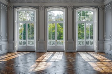 Fototapeta premium A large room with three windows and a wooden floor. The room is empty and has a very clean and simple look