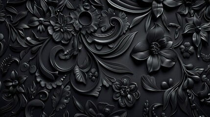A black embossed background of flowers and leaves displays an intricate, tactile texture of depth and visual interest. Flowers and leaves carved in relief on the background.