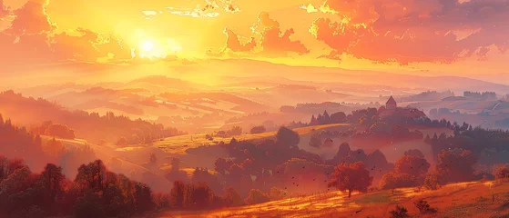 Foto op Aluminium Render a mesmerizing sunset over rolling hills in a dreamy, ethereal digital painting, showcasing the warm glow and depth of the landscape © HADAPI