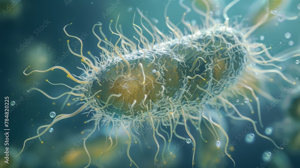 Poster a detailed image of a single protist with its unique flagella and cilia protruding from its cell mem