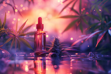 Bottle of CBD oil and juicy, oily purple varietal cannabis inflorescences with trichomes. Mockup, template for design, with place for text. CBD oil concept - obrazy, fototapety, plakaty