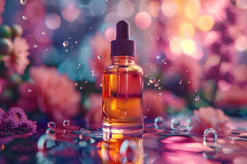 Bottle of CBD oil on a bright floral background with flying droplets. Layout, template for design. CBD oil concept - obrazy, fototapety, plakaty