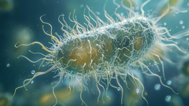 A detailed image of a single protist with its unique flagella and cilia protruding from its cell membrane.