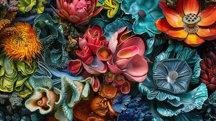 A vibrant podium image featuring a colorful collection of seaweeds lotus blossoms and other aquatic , Generative ai, 