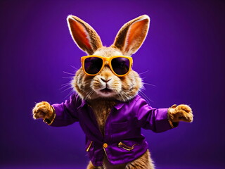 Obraz premium funny rabbit dancing with sunglasses with purple background generative AI