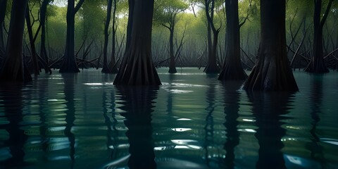 "Exploring the Underwater World: Photograph of a Submerged Mangrove Forest with Flooded Trees in Vibrant Marine Ecosystem"






