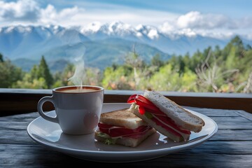 Breakfast with a view coffee and sandwich against mountain scenery