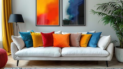 Scandinavian interior design of modern living room, home. Colorful vibrant pillows on a white sofa against the wall with the art poster frame.