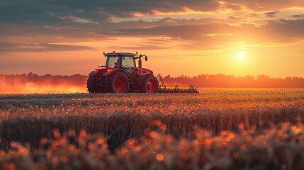 Fototapeta premium irrigation tractor driving spraying or harvesting an agricultural crop at sunset with information infographic data datum as banner design for agriculture industry and food supply production concepts