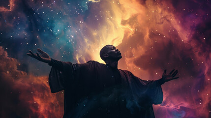 A black man stands with his arms outstretched as if embracing the vastness of the cosmos. Dd in a billowing ethereal cloak he exudes a sense of otherworldly wisdom and knowledge channeling .