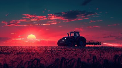 Fototapeta premium irrigation tractor driving spraying or harvesting an agricultural crop at sunset with information infographic data datum as banner design for agriculture industry and food supply production concepts