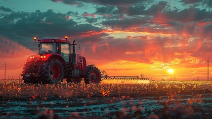 irrigation tractor driving spraying or harvesting an agricultural crop at sunset with information infographic data datum as banner design for agriculture industry and food supply production concepts - obrazy, fototapety, plakaty