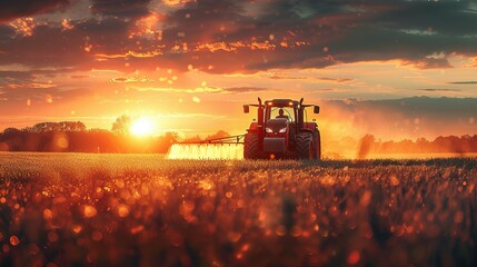 irrigation tractor driving spraying or harvesting an agricultural crop at sunset with information infographic data datum as banner design for agriculture industry and food supply production concepts