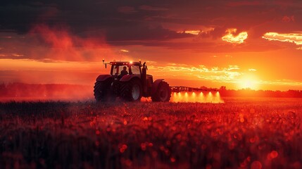 Fototapeta premium irrigation tractor driving spraying or harvesting an agricultural crop at sunset with information infographic data datum as banner design for agriculture industry and food supply production concepts