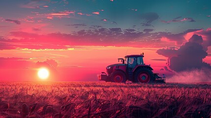 Fototapeta premium irrigation tractor driving spraying or harvesting an agricultural crop at sunset with information infographic data datum as banner design for agriculture industry and food supply production concepts