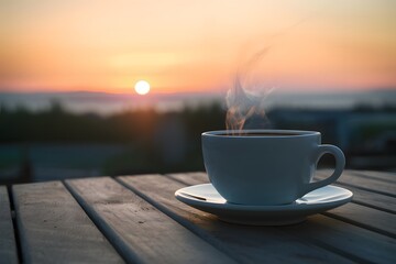 White cup of coffee rests on a wooden table against a sunset backdrop