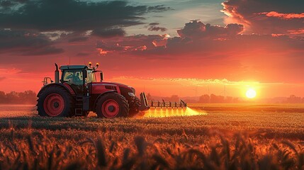 Fototapeta premium irrigation tractor driving spraying or harvesting an agricultural crop at sunset with information infographic data datum as banner design for agriculture industry and food supply production concepts