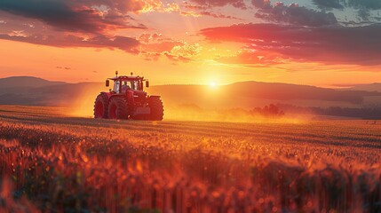 Fototapeta premium irrigation tractor driving spraying or harvesting an agricultural crop at sunset with information infographic data datum as banner design for agriculture industry and food supply production concepts