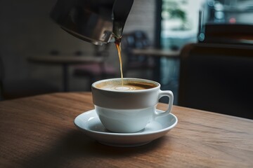Intimate view of coffee cup resting on a table - obrazy, fototapety, plakaty