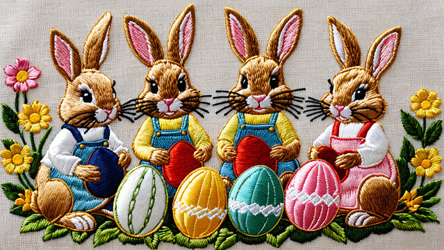 Easter Bunnies Happy Embroidery Patch Patchwork
