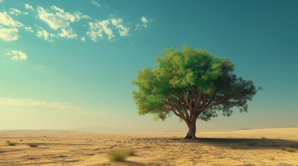 A big green tree in desert or cracked soil