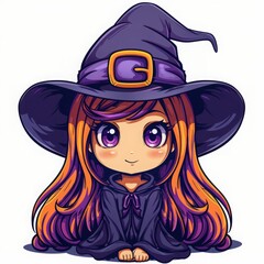 This illustration presents a charming anime-style witch with captivating purple eyes, adorned in a classic witch's hat and cloak, exuding whimsy and enchantment.