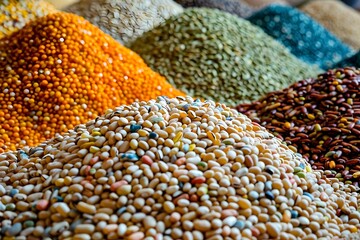 A pile of different colored beans and grains. The beans are in various colors and sizes, and the grains are also in different colors. The pile is very large