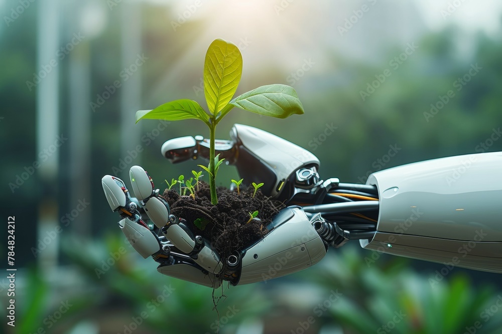 Poster a robot hand works on a modern farm. background with selective focus and copy space