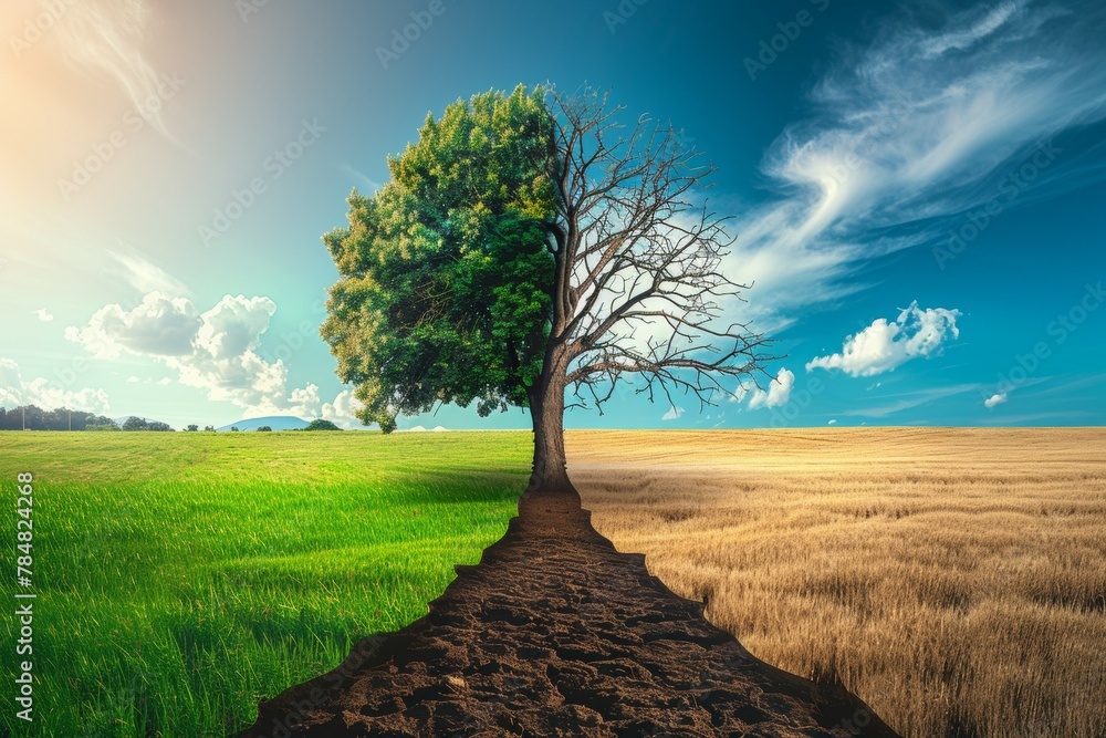 Poster tree in ecology and drought concept. climate change and record heat. background with selective focus
