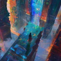 A girl standing on top of a cube in the middle of a cyberpunk city, with neon lights and skyscrapers visible from a high angle view