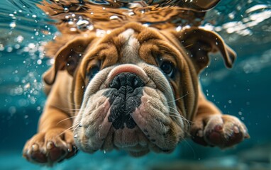 A dog is swimming in the water with its head above the surface. Summer heat concept, background