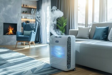 A white air purifier sits on a wooden floor in a living room. Summer heat concept