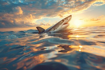 A shark is swimming in the ocean with the sun setting in the background - obrazy, fototapety, plakaty